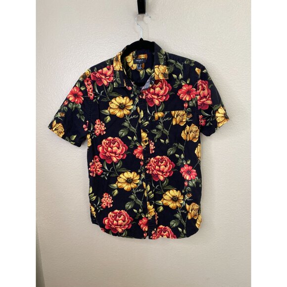 Forever 21 Mens Floral Print Short Sleeve Button-Up Shirt M Black Multicolor - Picture 2 of 6